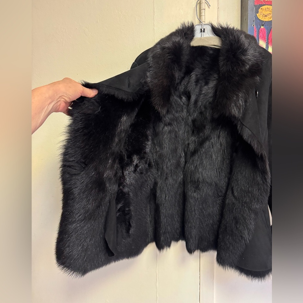 L. K. Bennett black shearling fox fur jacket cuffed sleeves pockets, gorgeous!! - Picture 5 of 12
